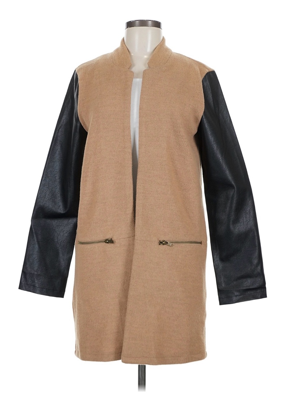 W832 Women's Camel Peacoat with Black Faux-Leather Sleeves